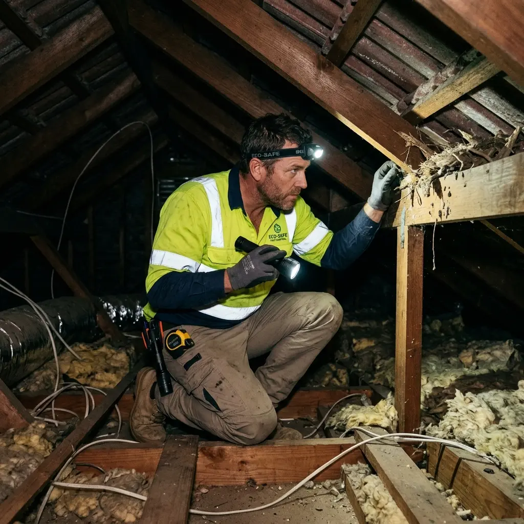 Technician inspecting a roof cavity for a dead animal in Tarrawarra