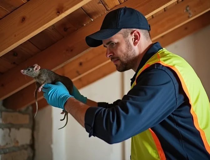 Technician inspecting a roof cavity for a dead rat in Tarrawarra